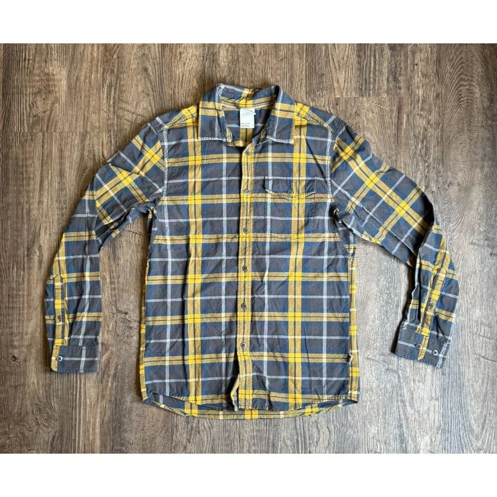 The North Face Men’s Small Plaid Button Down Long Sleeve Shirt Gray Blue Yellow